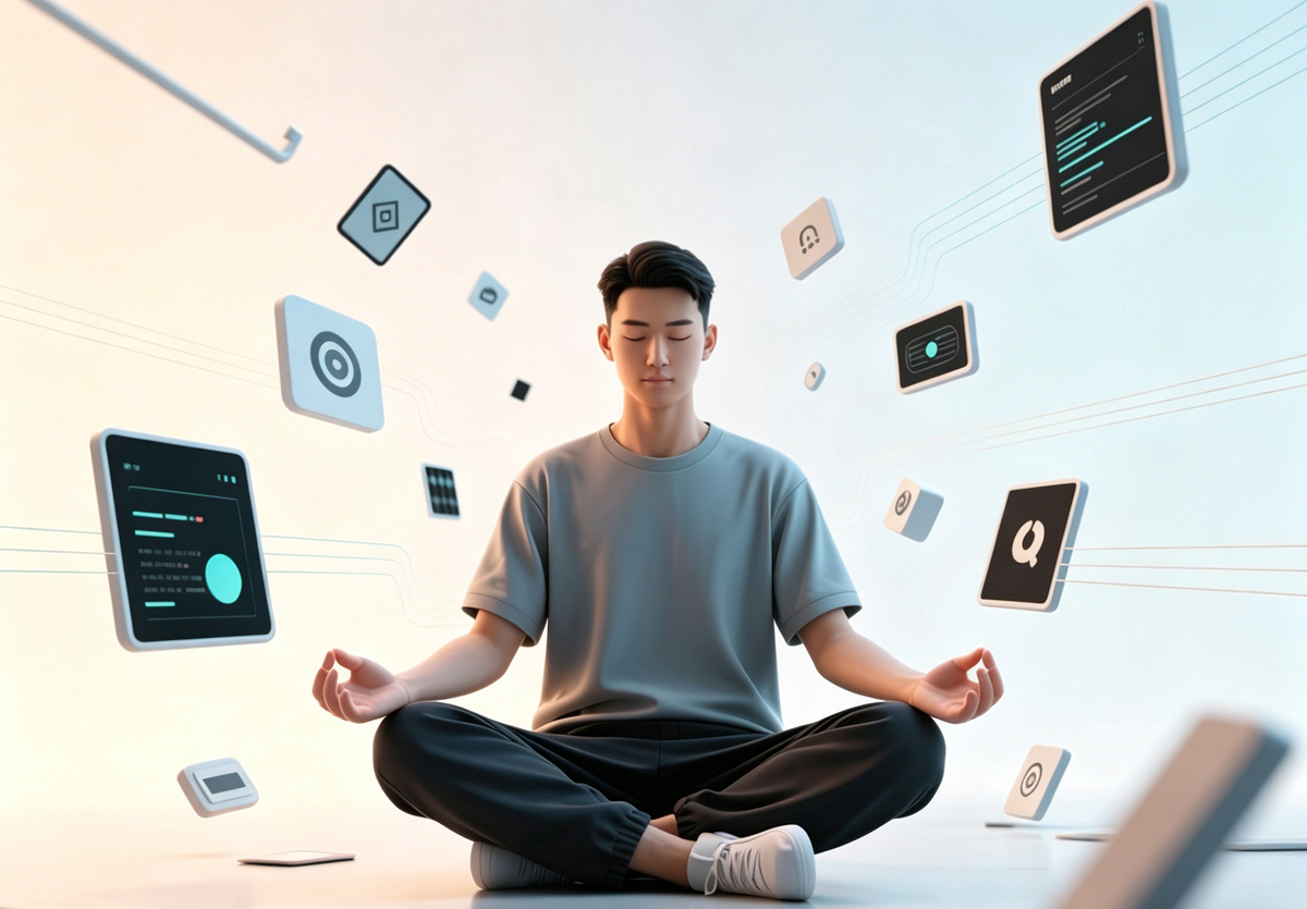 配图：数字减负、从消息轰炸回到专注与平静。