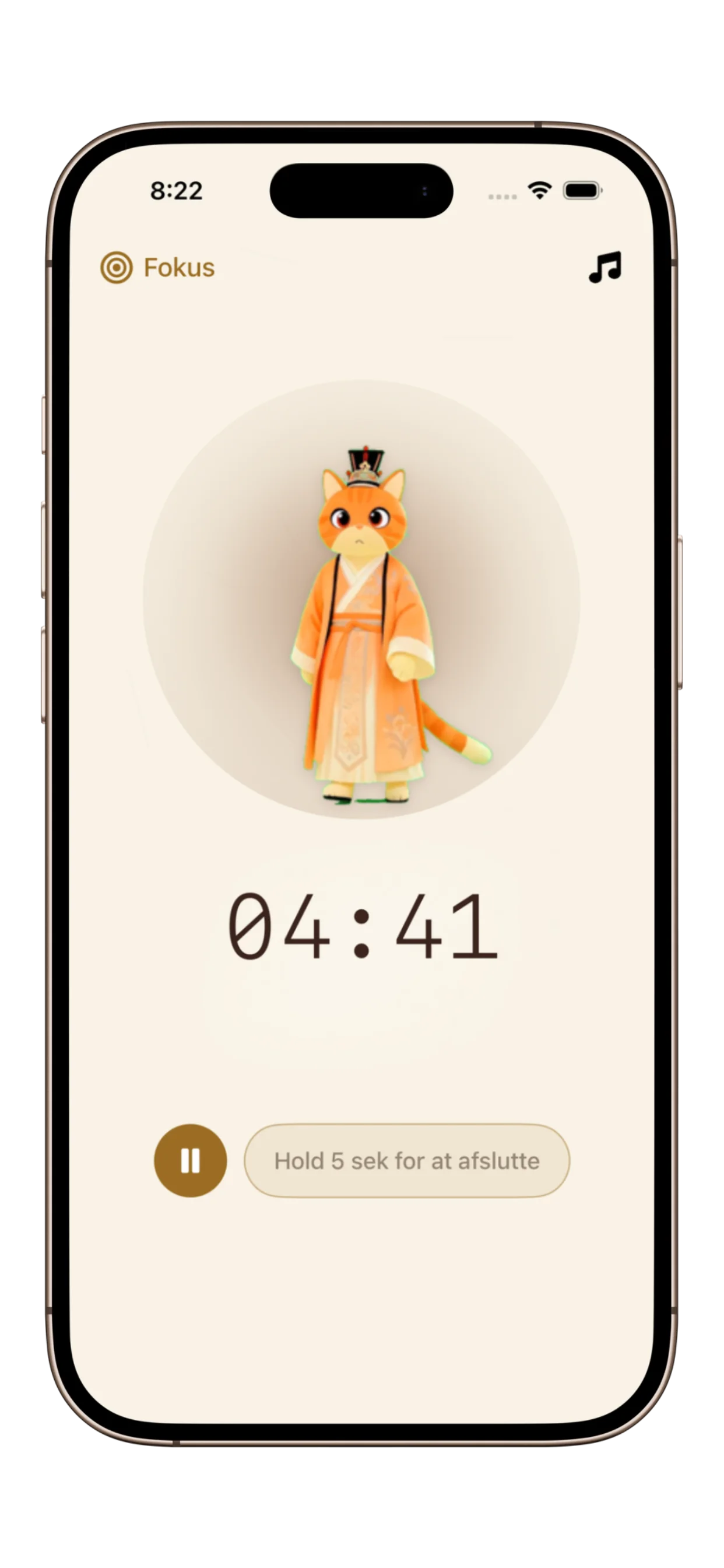 PurrrrrFocus Timer hovedskærm viser Dyb Fokus-tilstand med rent interface