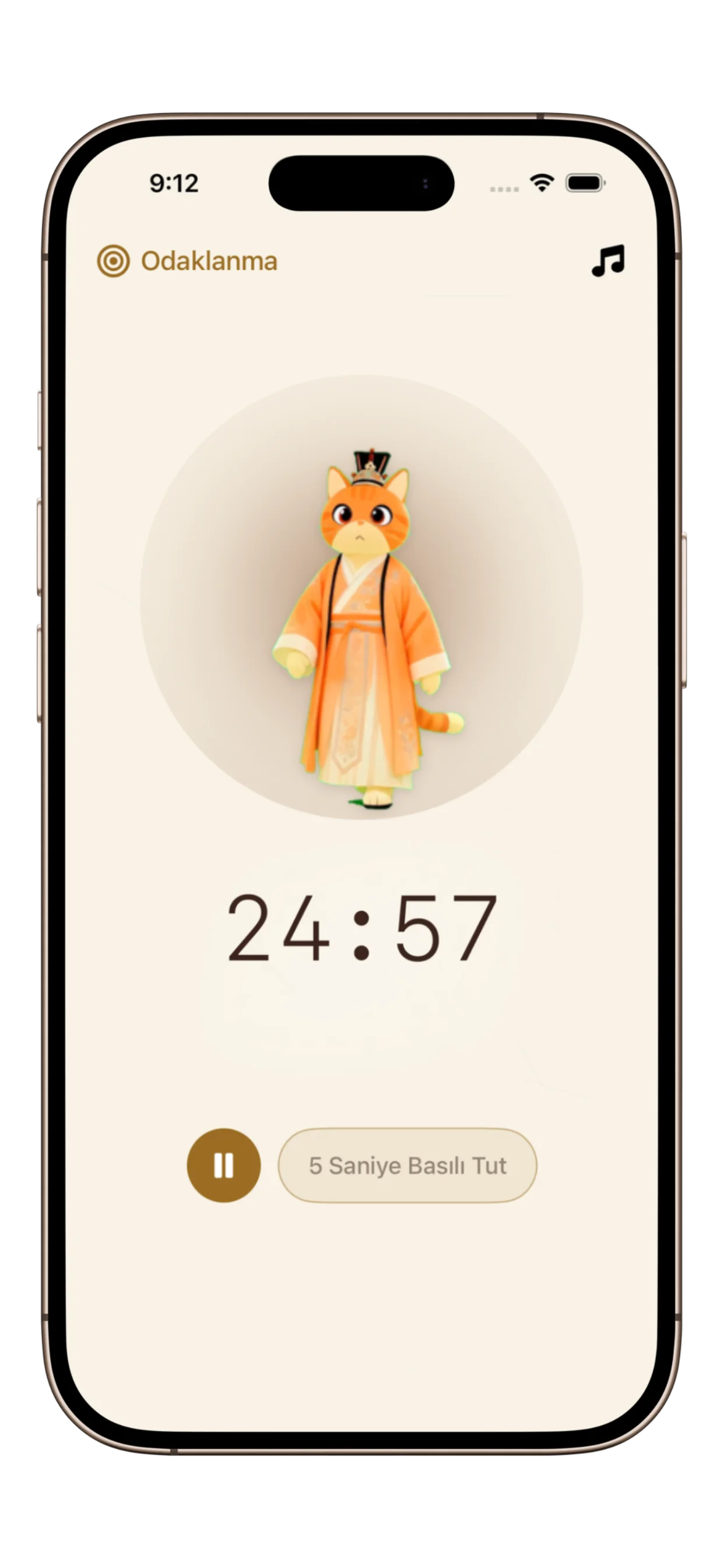 PurrrrrFocus Zamanlayıcı ana ekran, temiz arayüzle Derin Odak modunu gösteriyor