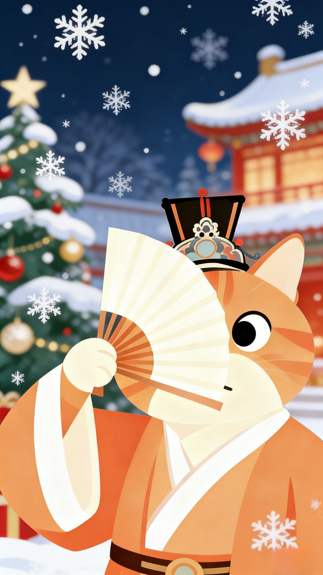 飘雪圣诞壁纸：覆雪中式建筑背景，橘猫传统服饰手持折扇，圣诞雪景与国风融合