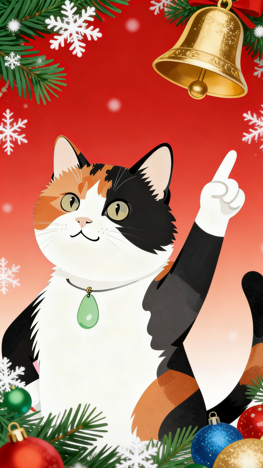 红色圣诞猫咪壁纸：松枝铃铛彩球背景，三花猫佩戴绿玉佩抬手互动，活泼可爱节日风格