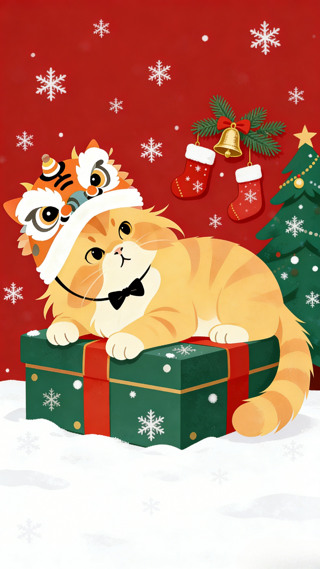 圣诞礼盒猫咪壁纸：红色雪花背景，戴醒狮头套橘猫趴在红绿礼盒上，俏皮慵懒