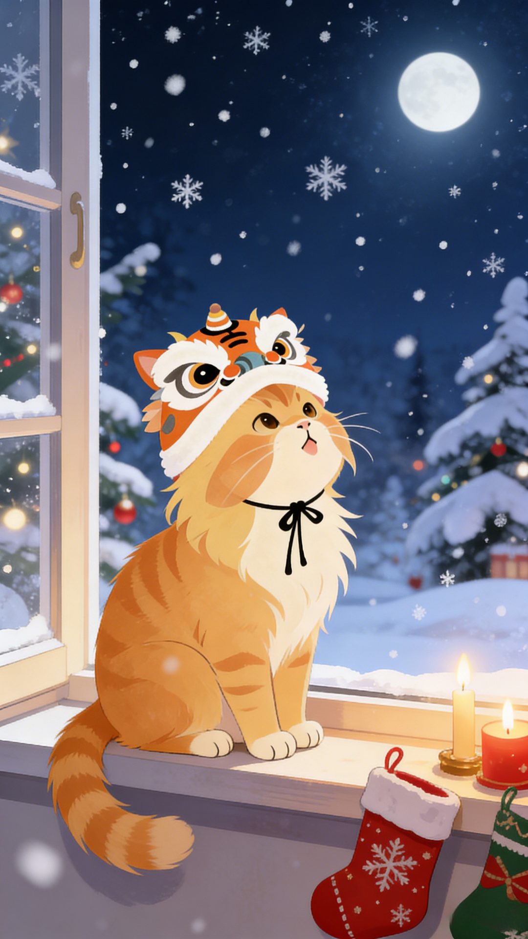 窗边飘雪圣诞猫咪壁纸：夜晚月色与雪景下，醒狮头套橘猫望向窗外，静谧浪漫