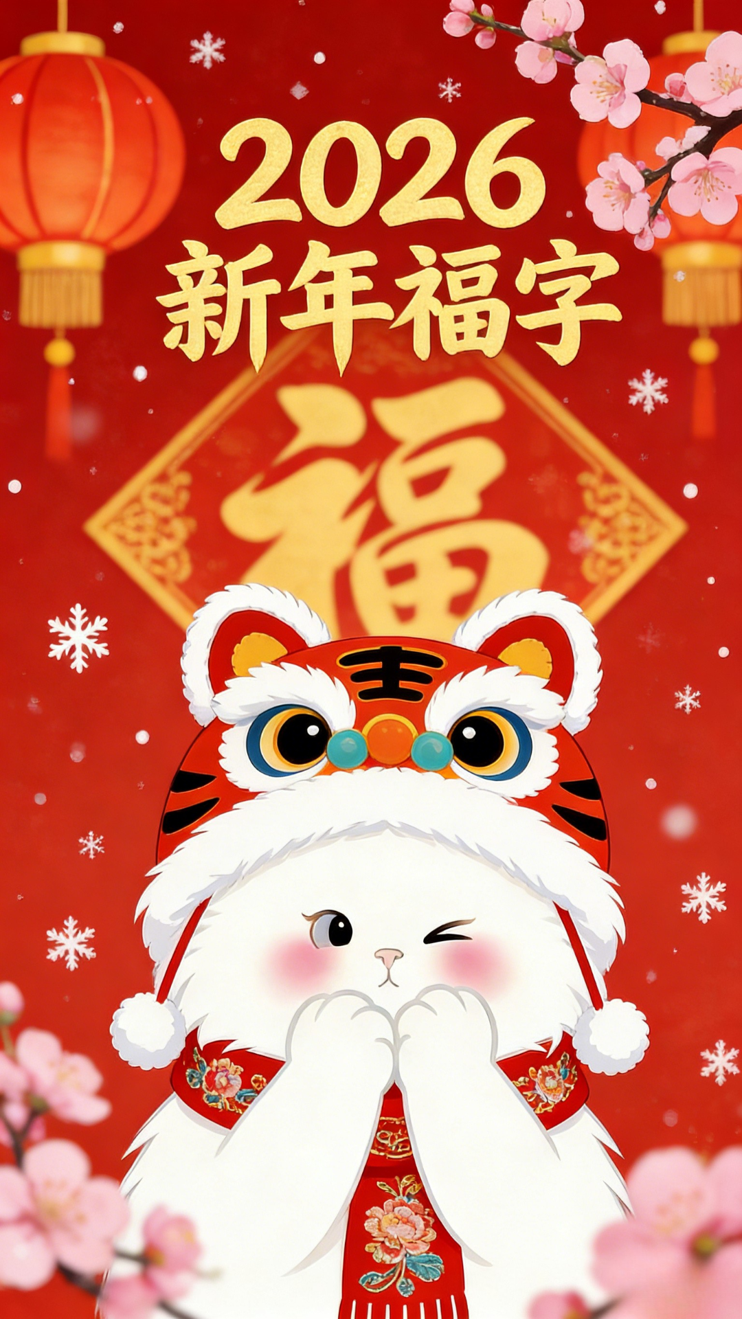 2026春节猫咪壁纸：红色福字、大号福字、红灯笼与梅花枝，戴醒狮头套的白猫喜庆新年氛围