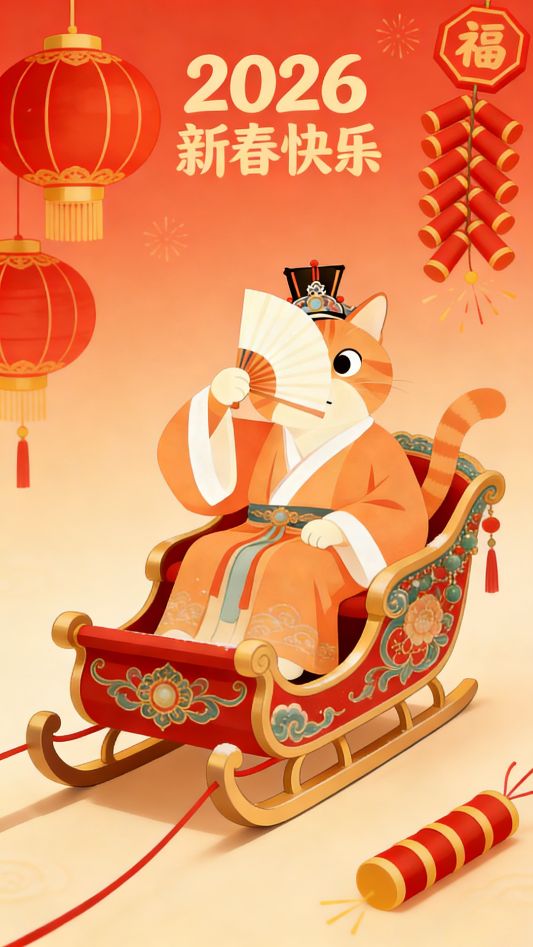 2026新春快乐猫咪壁纸：暖橙渐变背景、传统服饰橘猫雪橇、鞭炮与中国结节庆元素
