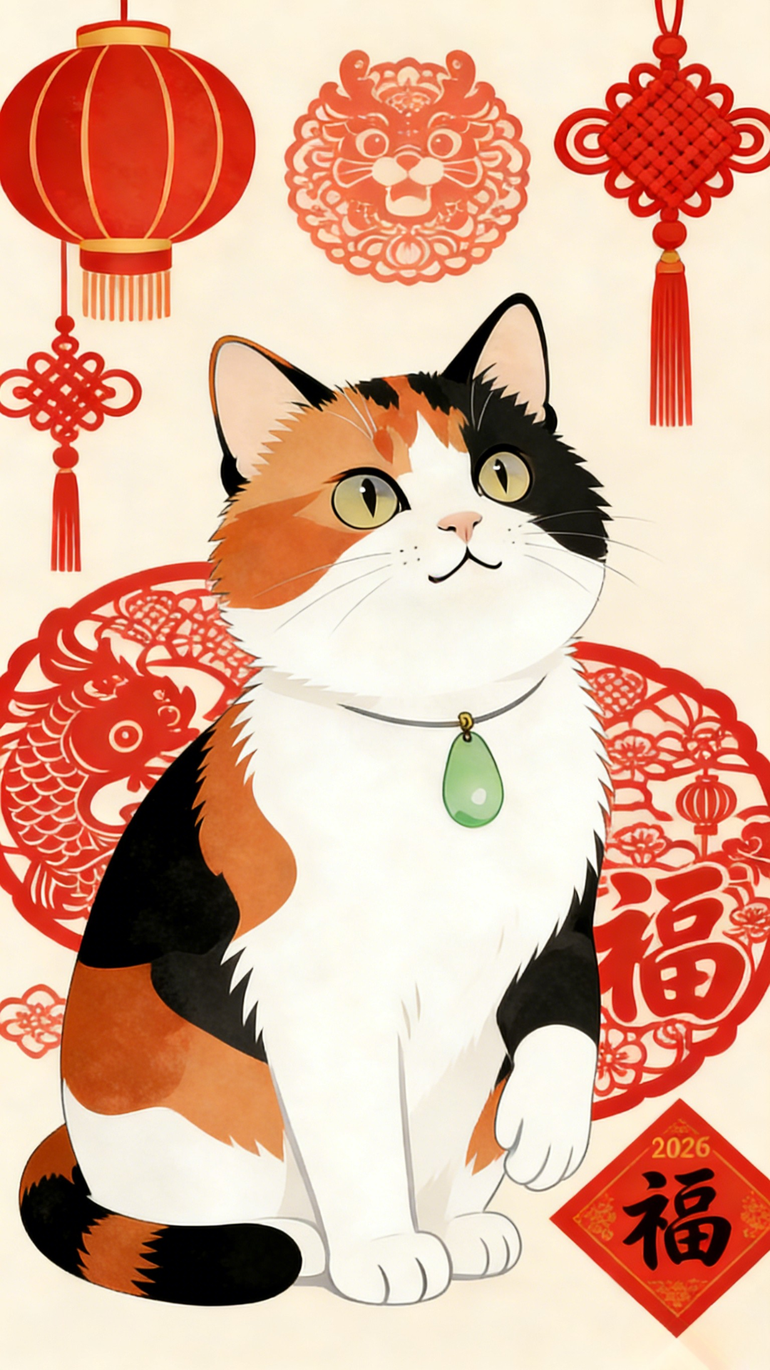 新年国风三花猫壁纸：红色剪纸中国结背景、福字贴与绿玉佩，典雅可爱春节主题