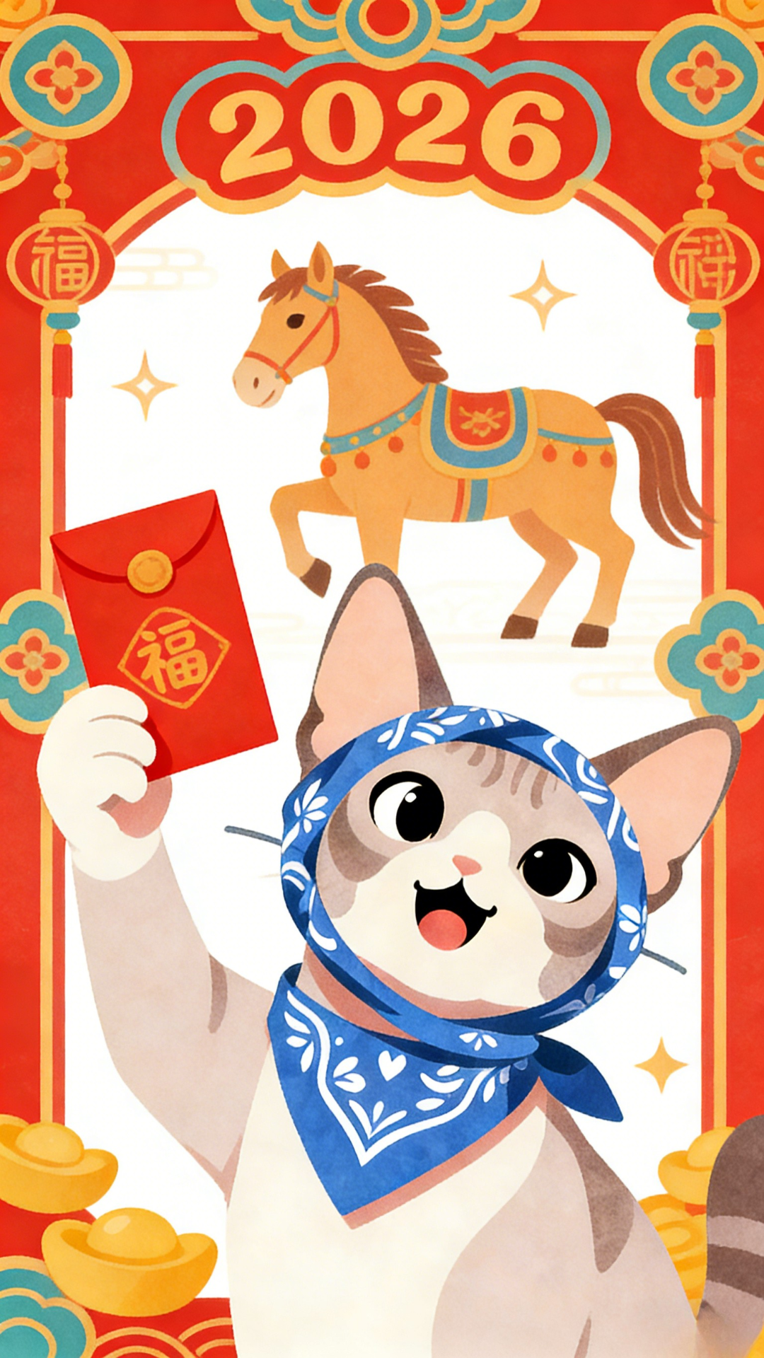 2026马年猫咪红包壁纸：红金边框、灰猫举红包、金色骏马与金元宝星星新春寓意